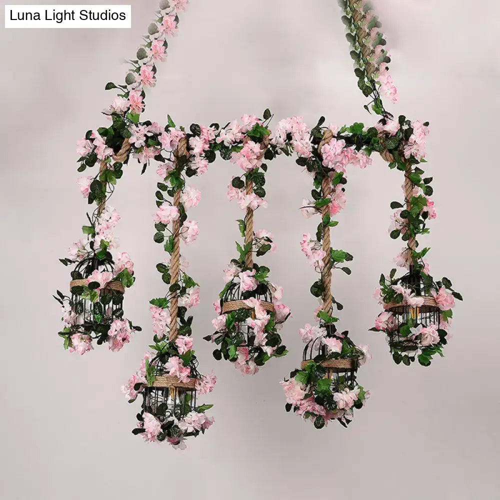 DecorBites™ antique metal island chandelier ceiling light with 5 light pink cherry blossom heads and green floral garland