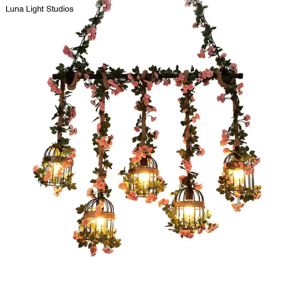 DecorBites™ antique metal island chandelier with five light pink birdcage lights and cherry blossom vines ceiling light