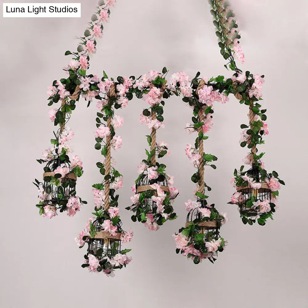 DecorBites™ Antique Metal Island Chandelier with 5 Pink Heads - Restaurant Ceiling Light with Cherry Blossom/Rose Design