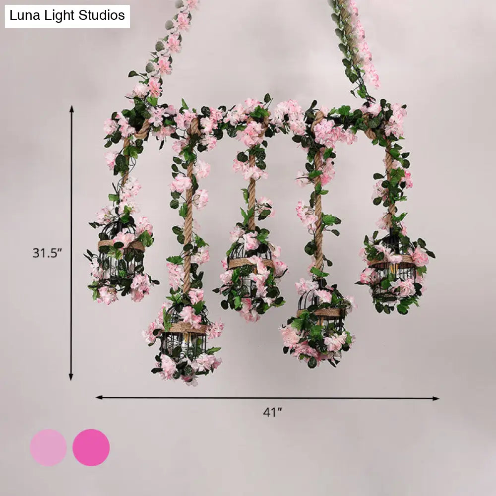 DecorBites™ Antique Metal Island Chandelier with 5 Pink Heads - Restaurant Ceiling Light with Cherry Blossom/Rose Design