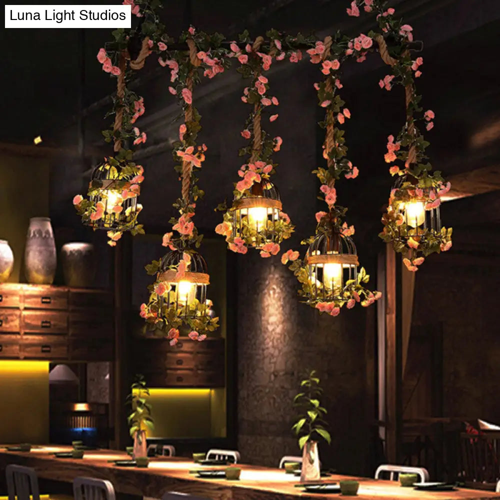 DecorBites™ Antique Metal Island Chandelier with 5 Pink Heads - Restaurant Ceiling Light with Cherry Blossom/Rose Design