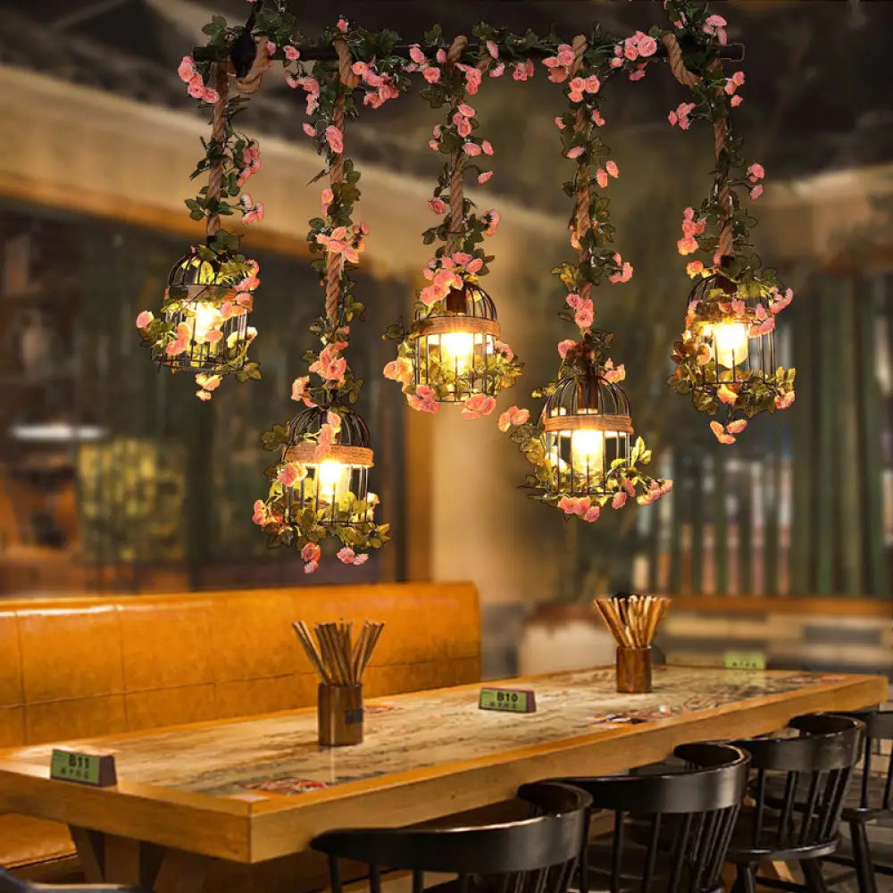 DecorBites™ Antique Metal Island Chandelier with 5 Pink Heads - Restaurant Ceiling Light with Cherry Blossom/Rose Design