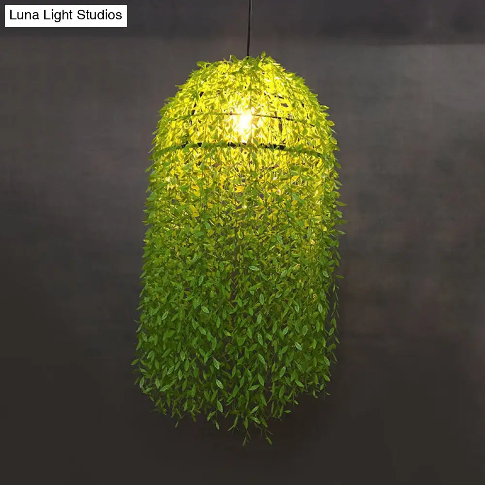 Antique Metal Plant LED Pendant Lamp for Restaurants - Green, 1-Bulb Ceiling Hanging Fixture