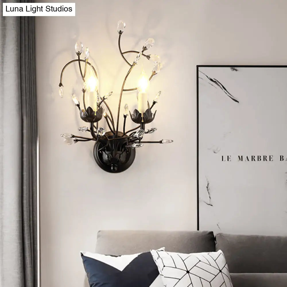 Aplique de pared DecorBites™ de metal antiguo con detalles de cristal - Elegante diseño floral negro, 2 luces - Perfecto para la sala de estar