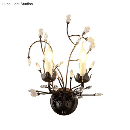 Aplique de pared DecorBites™ de metal antiguo con detalles de cristal - Elegante diseño floral negro, 2 luces - Perfecto para la sala de estar