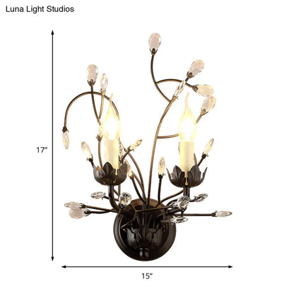 Aplique de pared DecorBites™ de metal antiguo con detalles de cristal - Elegante diseño floral negro, 2 luces - Perfecto para la sala de estar