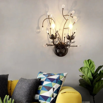 Aplique de pared DecorBites™ de metal antiguo con detalles de cristal - Elegante diseño floral negro, 2 luces - Perfecto para la sala de estar