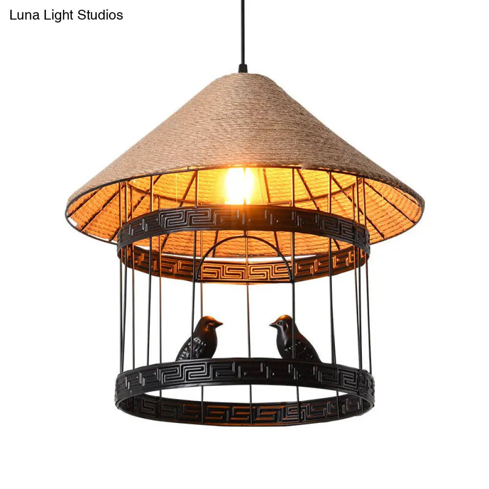 Antique Metallic Black Bird Cage Pendant Lamp with Conical Rope Shade