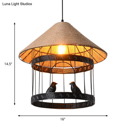 Antique Metallic Black Bird Cage Pendant Lamp with Conical Rope Shade