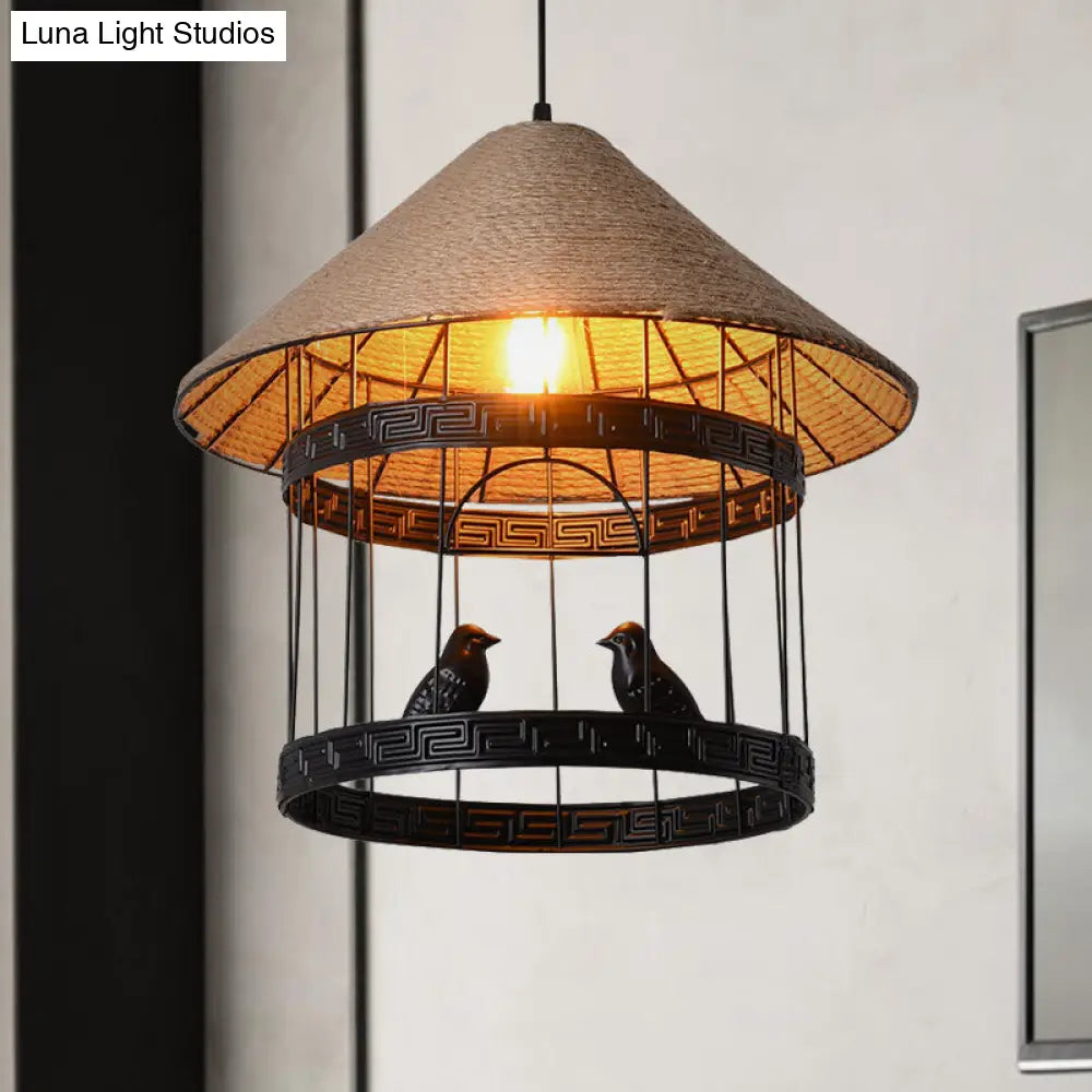 Antique Metallic Black Bird Cage Pendant Lamp with Conical Rope Shade