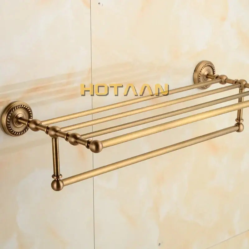 Antique ornate brass towel rack double tier shelf with ornate circular mounts and spherical finials for bathroom decorbites brass towel rack