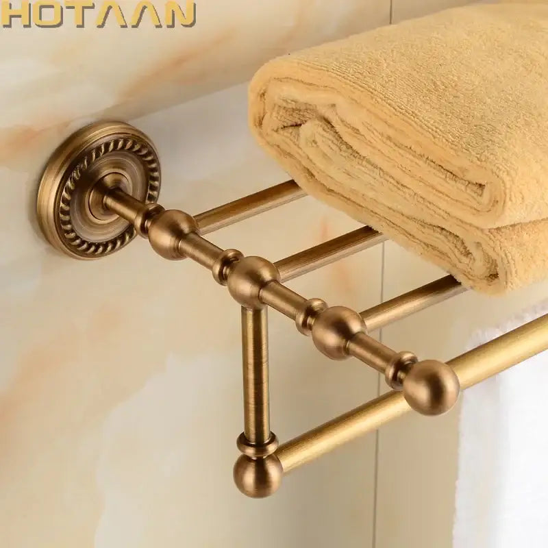 Antique ornate brass towel rack with double tier shelf and spherical decorative joints for bathroom decorbites brass towel rack