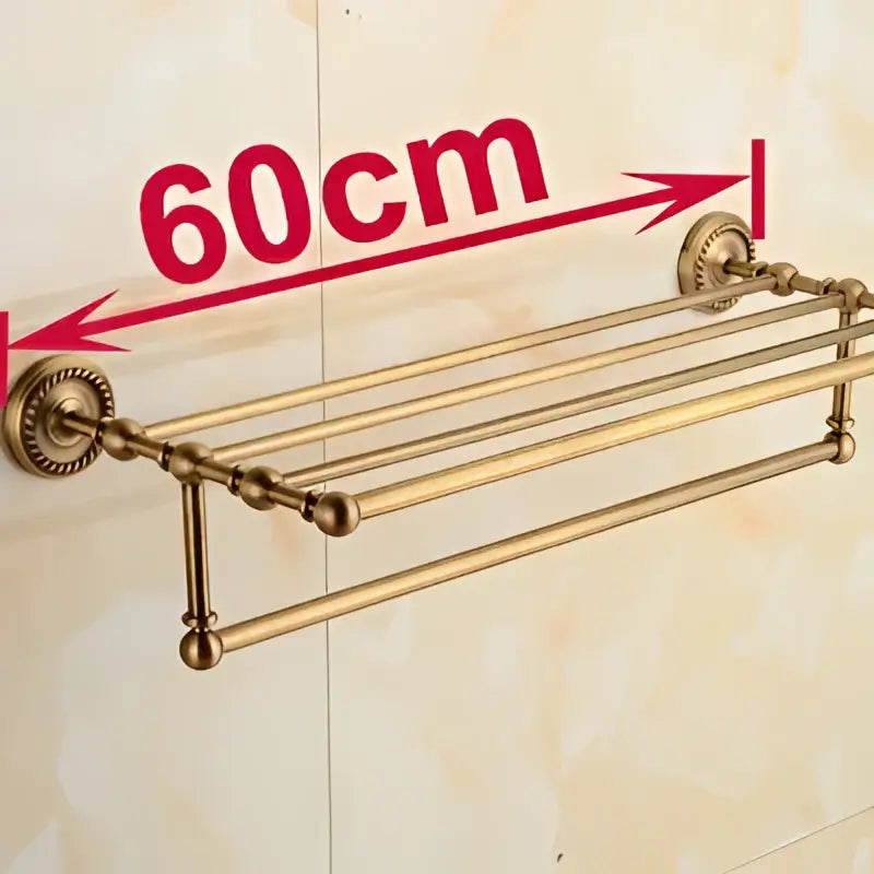 Antique ornate brass towel rack double tier shelf with brass finish circular mounts and spherical decorative beads