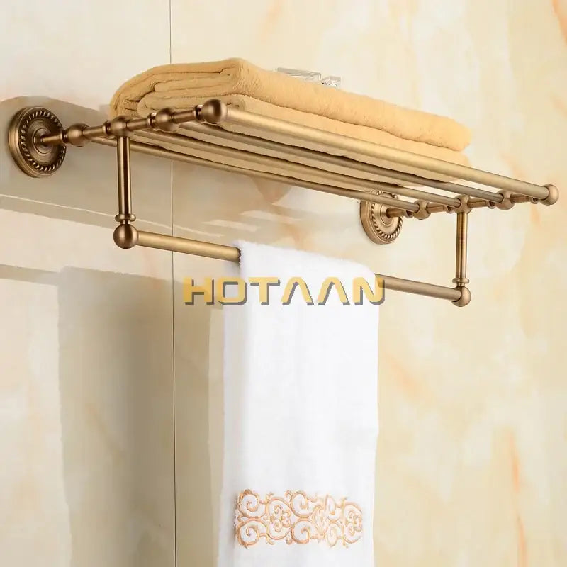 Antique ornate brass two-tier towel rack with ornate circular wall mounts and ball accents for bathroom decorbites brass towel rack
