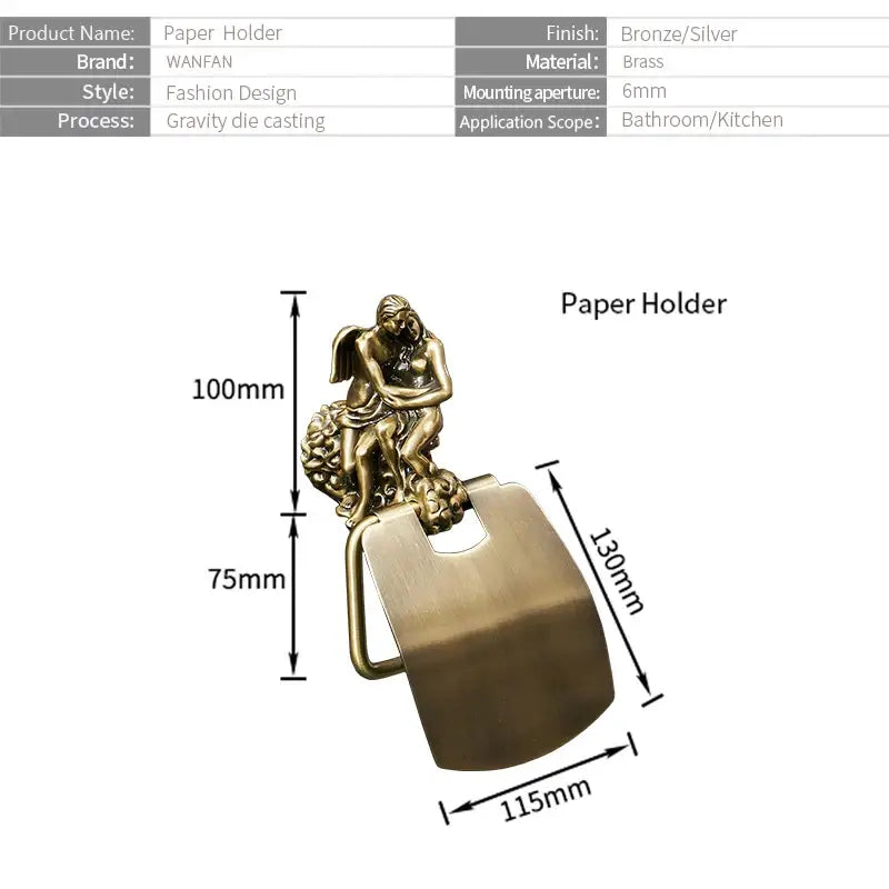 Antique ornate bronze toilet paper holder featuring a bronze-finished brass paper holder with an angel figurine