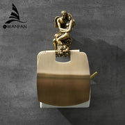 Antique ornate bronze toilet paper holder with brass angel and woman sculpture on brushed metal cylindrical body