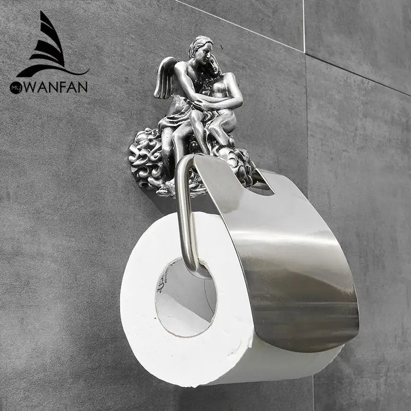 Silver angel-themed toilet paper holder with ornate sculpted design and polished metallic finish for bathroom decor