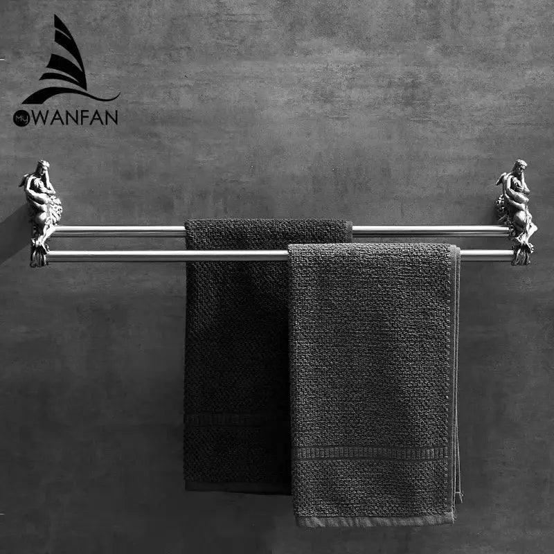 Silver-toned antique ornate brass double towel bars with sculptural classical figure ends for bathroom use