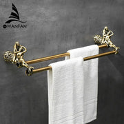 Antique ornate gold and silver brass double towel bars with classical figure ends for bathroom use