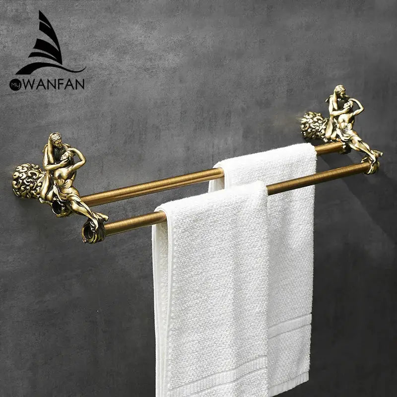 Antique ornate gold and silver brass double towel bars with classical figure ends for bathroom use