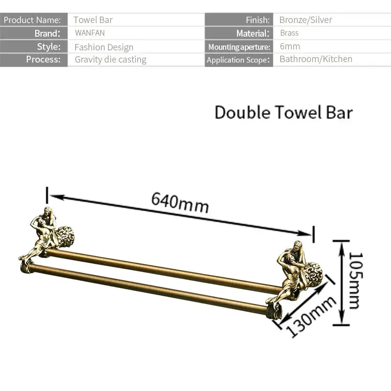 Bronze-finished brass double towel bars with ornate sculpted figures at each end for bathroom use