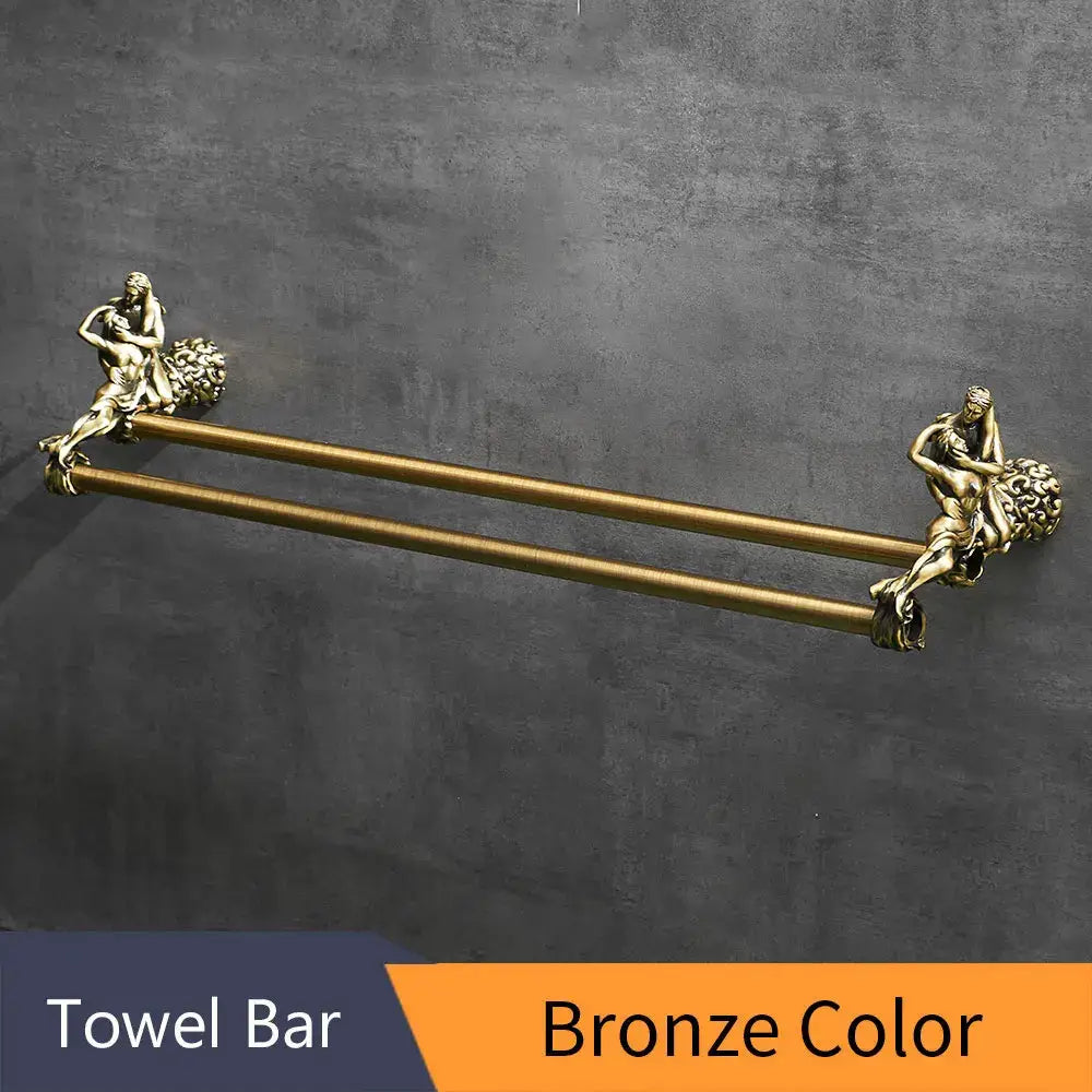 Bronze double towel bars with ornate sculpted figures at each end for bathroom use in antique gold and silver brass style