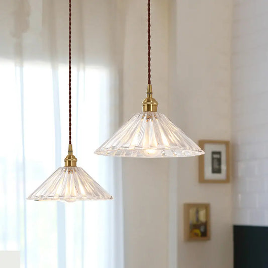 Antique Pendant Light with Clear Ribbed Glass Shade for Dining Room - 1-Light Ceiling Hang Lamp