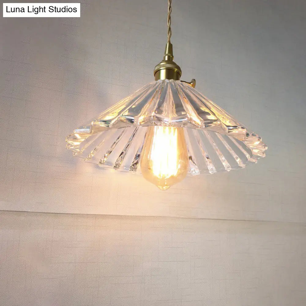 Antique Pendant Light with Clear Ribbed Glass Shade for Dining Room - 1-Light Ceiling Hang Lamp