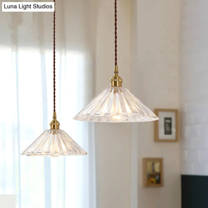 Antique Pendant Light with Clear Ribbed Glass Shade for Dining Room - 1-Light Ceiling Hang Lamp