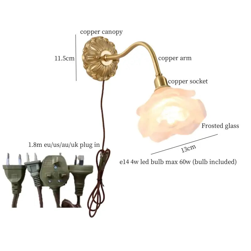 Vintage-style wall lamp with antique pink rose glass shade and decorbites copper arm for bedroom decor with copper arm led