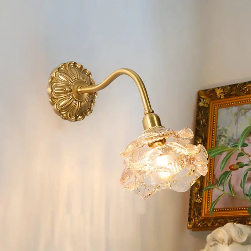 Antique brass wall lamp with an antique pink rose glass shade and decorbites copper arm led for bedroom decor
