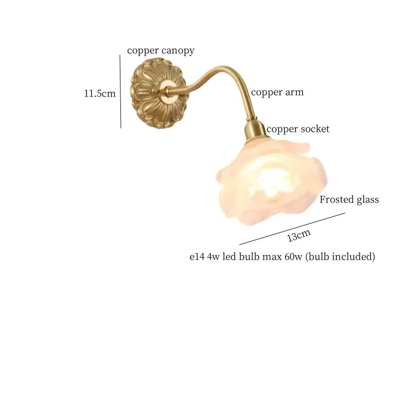 Antique brass-finished wall lamp with decorbites copper arm and flower-shaped frosted pink rose glass shade