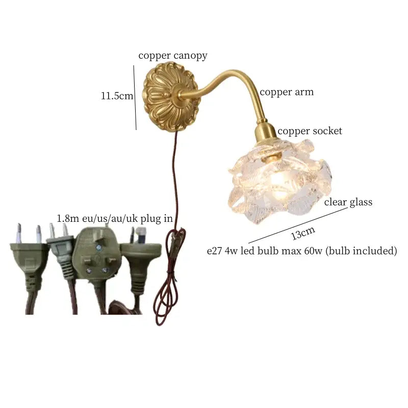 Antique brass wall lamp with clear flower-shaped glass shade and decorbites copper arm led for bedroom decor