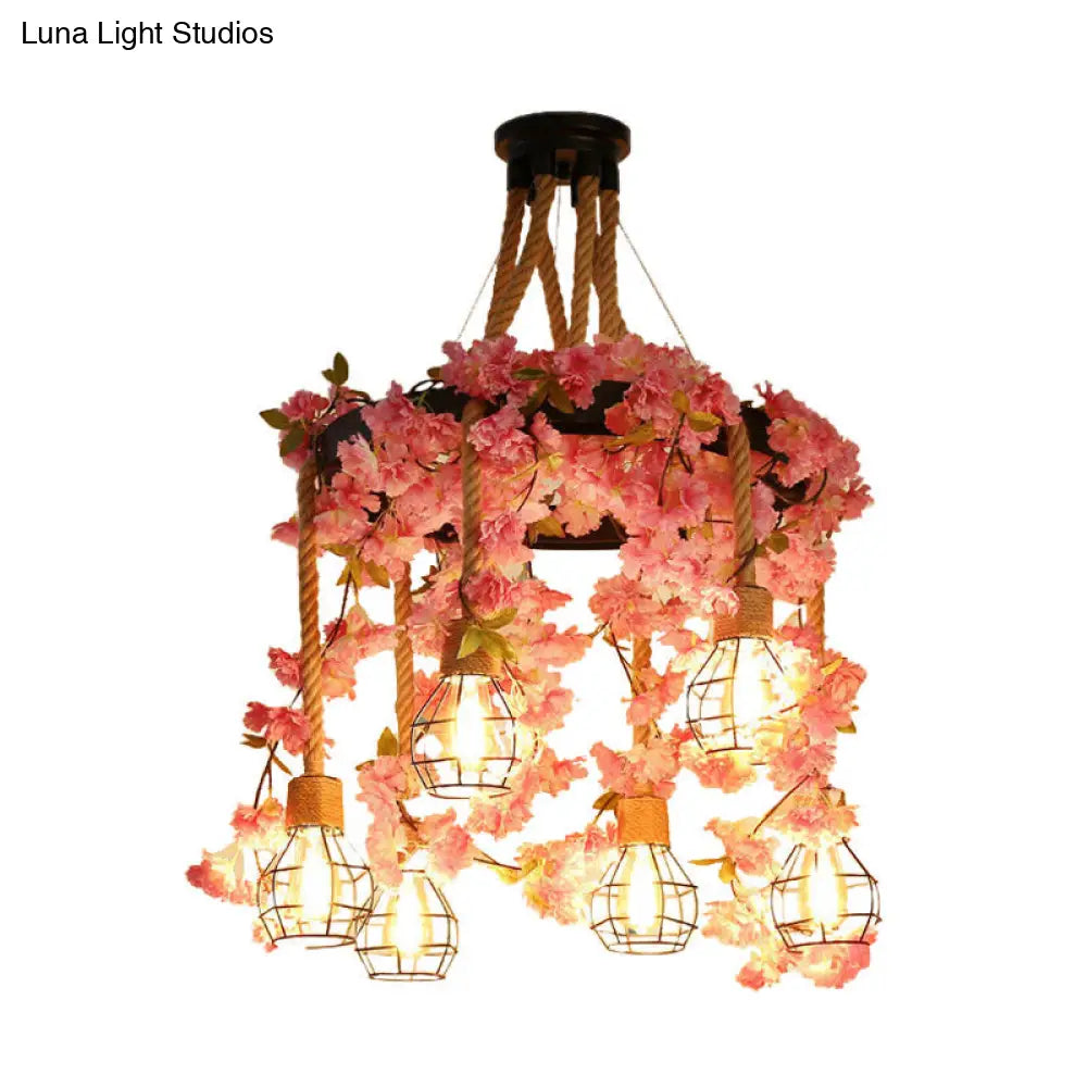 Antique Pink/Rose Red Metal LED Flower Cluster Pendant Lamp - 4/6 Lights - Ideal for Restaurants