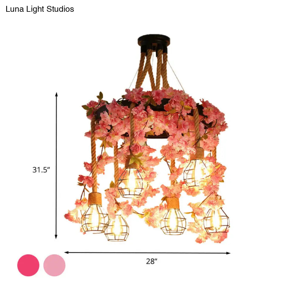 Antique Pink/Rose Red Metal LED Flower Cluster Pendant Lamp - 4/6 Lights - Ideal for Restaurants