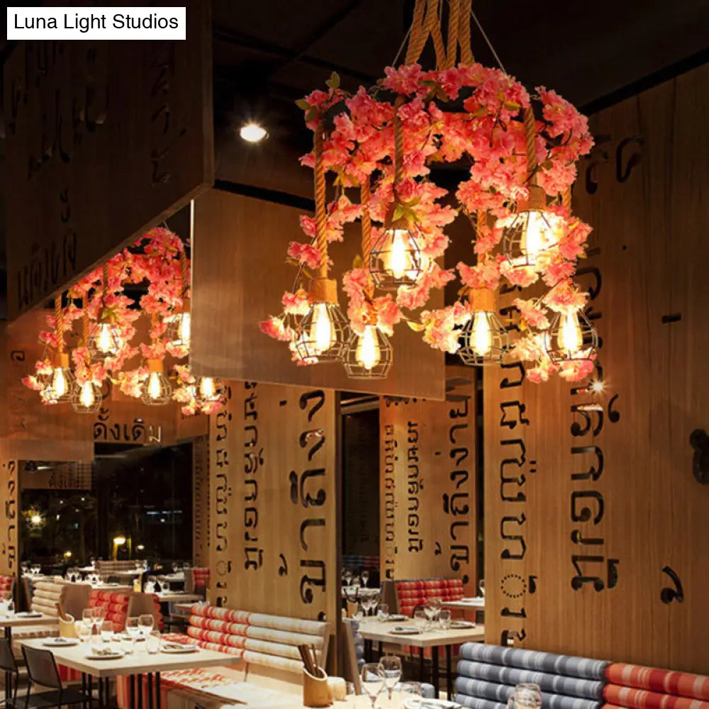 Antique Pink/Rose Red Metal LED Flower Cluster Pendant Lamp - 4/6 Lights - Ideal for Restaurants