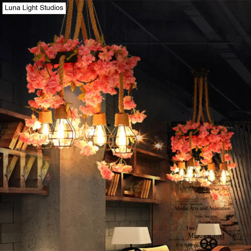 Antique Pink/Rose Red Metal LED Flower Cluster Pendant Lamp - 4/6 Lights - Ideal for Restaurants