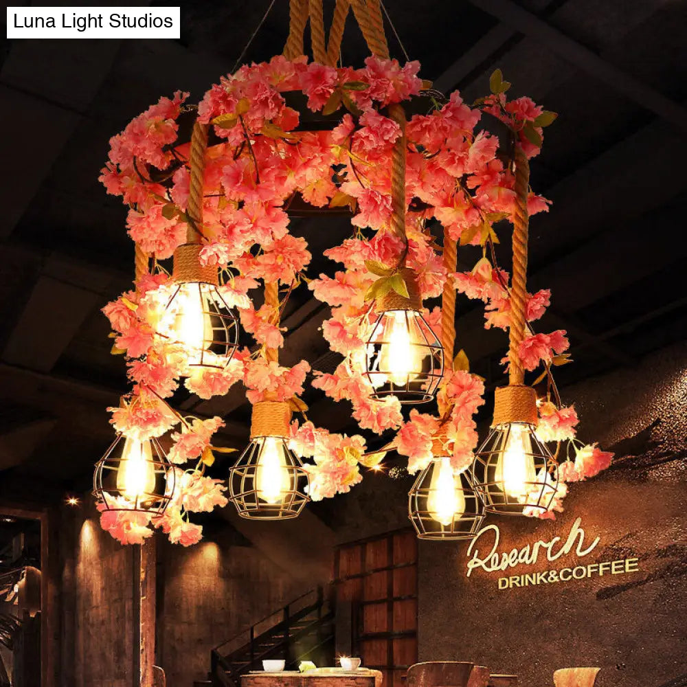 Antique Pink/Rose Red Metal LED Flower Cluster Pendant Lamp - 4/6 Lights - Ideal for Restaurants