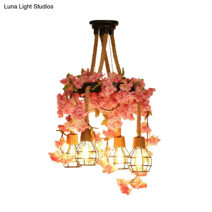 Antique Pink/Rose Red Metal LED Flower Cluster Pendant Lamp - 4/6 Lights - Ideal for Restaurants