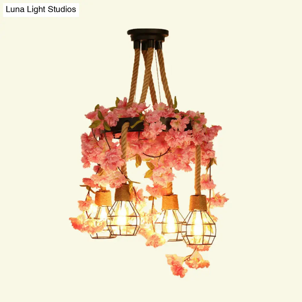 Antique Pink/Rose Red Metal LED Flower Cluster Pendant Lamp - 4/6 Lights - Ideal for Restaurants