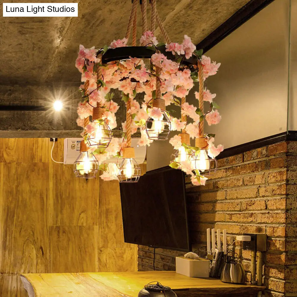 Antique Pink/Rose Red Metal LED Flower Cluster Pendant Lamp - 4/6 Lights - Ideal for Restaurants