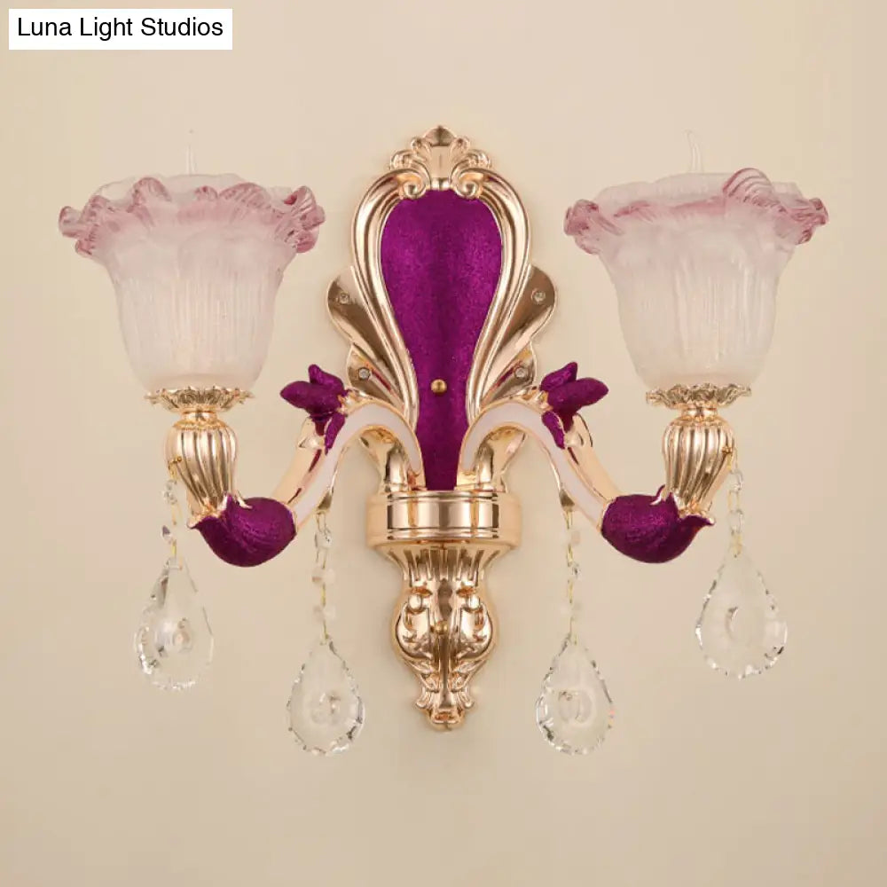 DecorBites™ Antique Purple Glass Ruffle-Trimmed Wall Sconce with Double Heads Mount Light Fixture