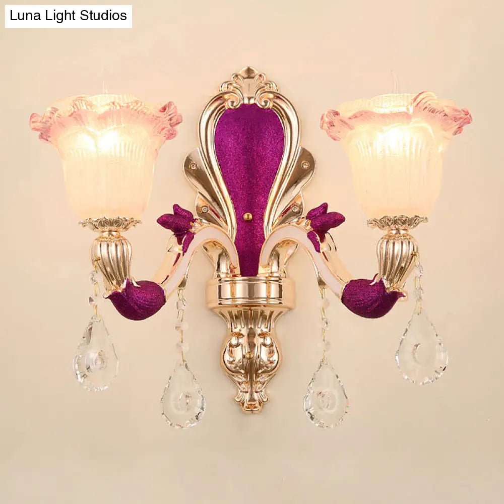 DecorBites™ Antique Purple Glass Ruffle-Trimmed Wall Sconce with Double Heads Mount Light Fixture