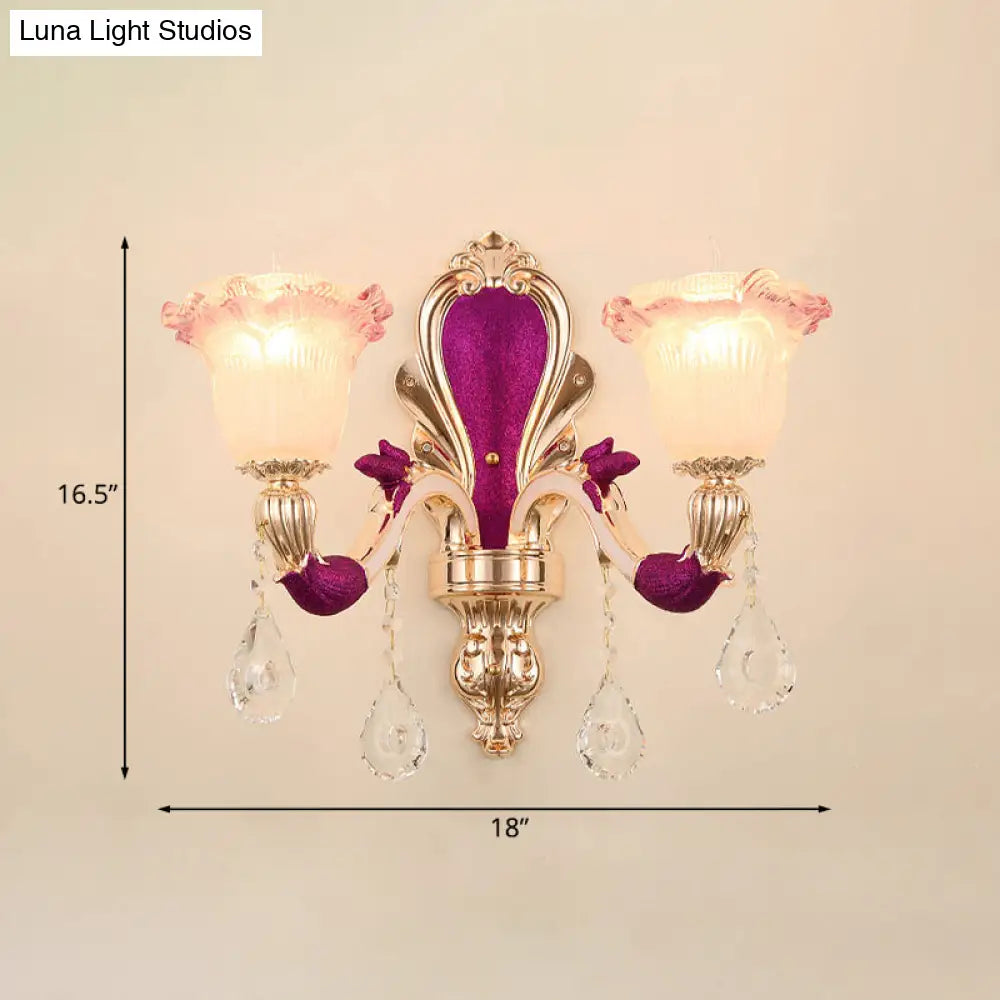 DecorBites™ Antique Purple Glass Ruffle-Trimmed Wall Sconce with Double Heads Mount Light Fixture