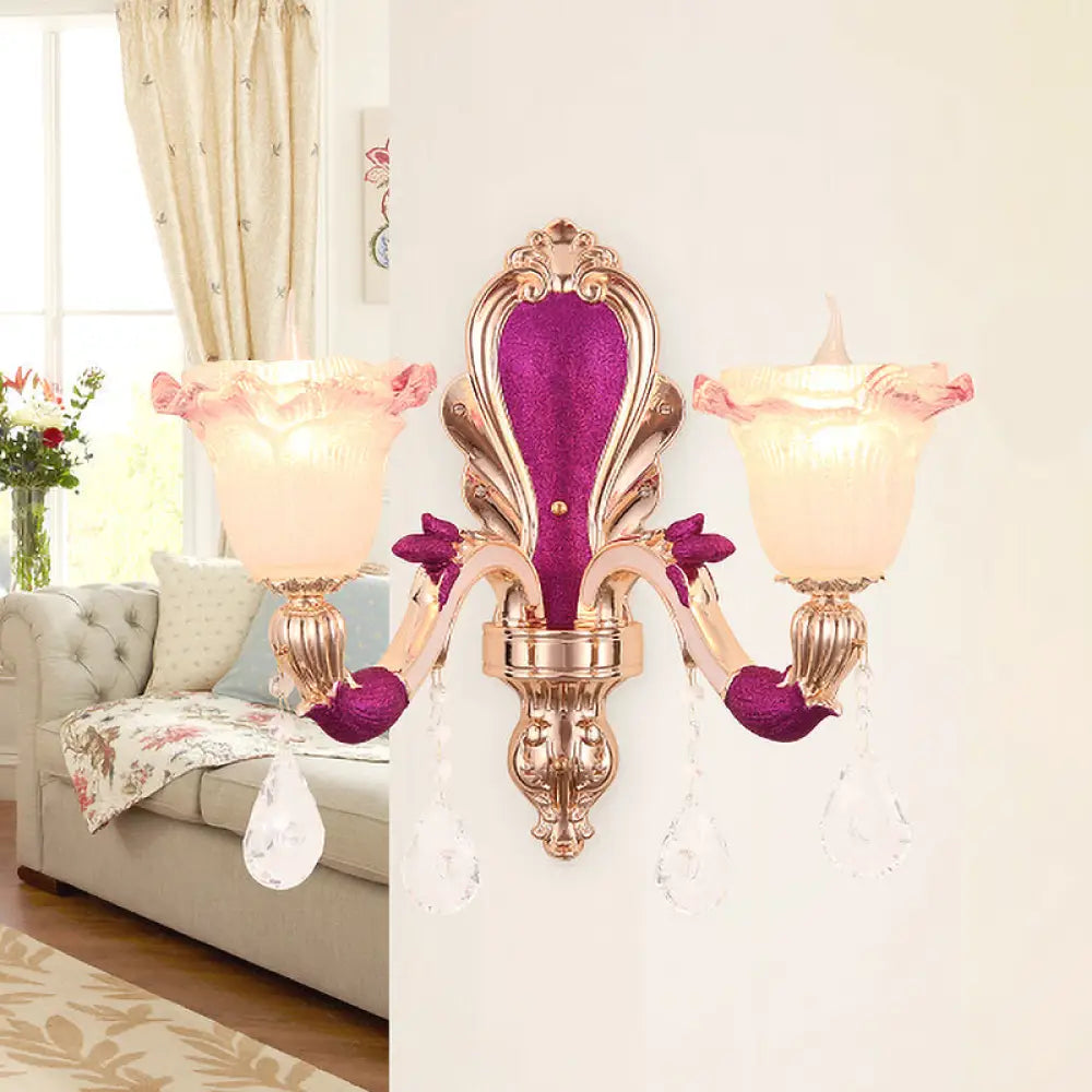 DecorBites™ Antique Purple Glass Ruffle-Trimmed Wall Sconce with Double Heads Mount Light Fixture