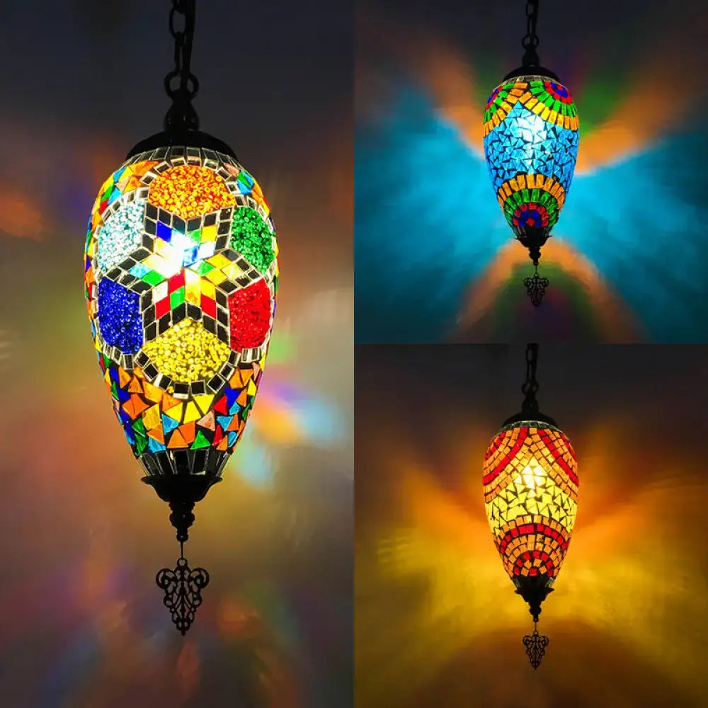 DecorBites bronze glass teardrop pendant lighting with colorful mosaic tiles, black metal frame, and chain cord for led incandescent use