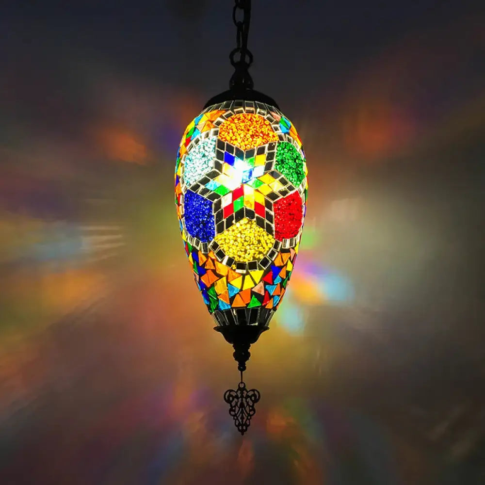 DecorBites bronze glass teardrop pendant lighting with colorful mosaic tiles suspended by black metal chain cord for led incandescent use