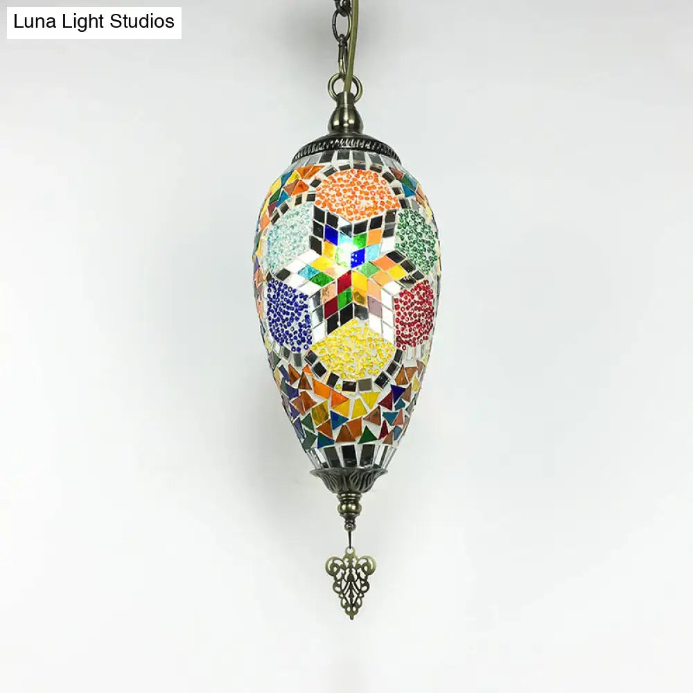 Decorbites bronze glass teardrop pendant lighting with colorful mosaic tiles and ornate brass hardware on chain cord compatible with led incandescent fluorescent bulbs