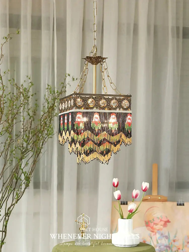 Antique retro black rose tassel pendant lights featuring a brass chandelier with intricate gold black and pink beaded fringe