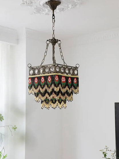 Antique retro black rose tassel pendant lights with dark metal frame and multicolor beaded fringe for living room decorbites black rose chandelier